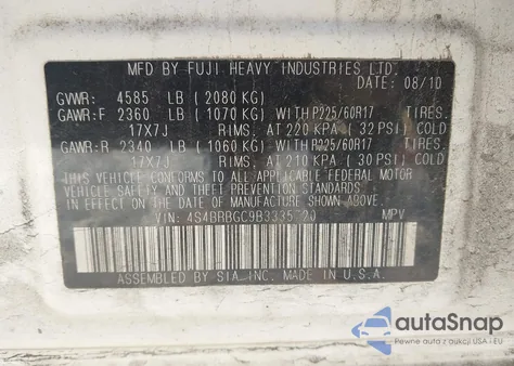 2011 Subaru Outback 2.5I Premium from USA, damaged, VIN 4S4BRBGC9B3335720